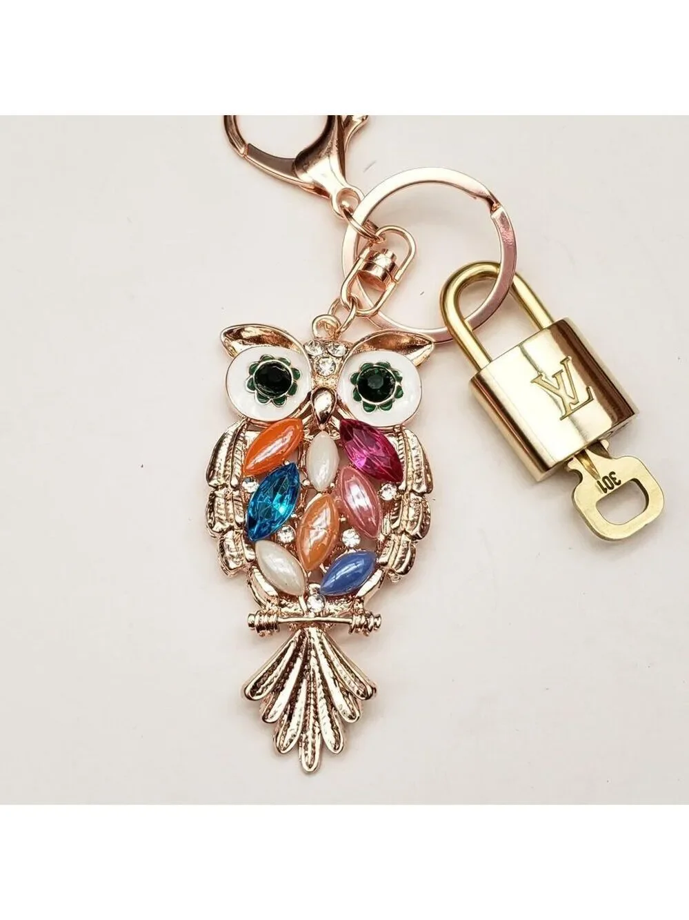 LV Authentic Gold Lock & Key 🔑 Luxury Bag Charm w/ Unbranded Owl Keychain